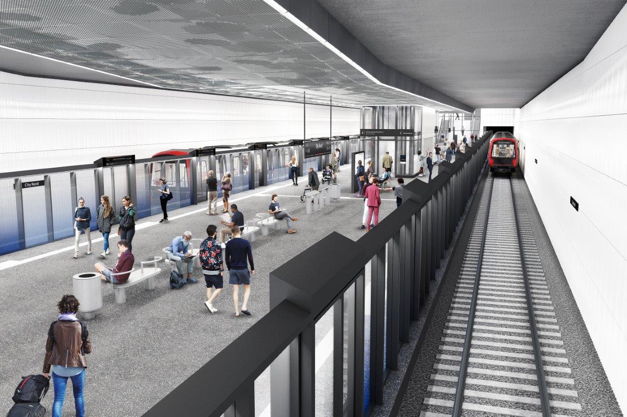 Visualisierung einer Haltesteller der U5 in Hamburg. Der Bahnsteig ist mit einer Glaswand von den Gleisen abgetrennt