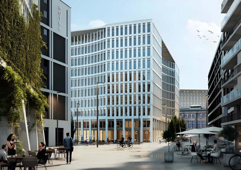 Visualisierung des ConneXion Office in Hamburg. Das neunstöckige Bürogebäude steht gemeinsam mit drei anderen Geschäftsgebäuden zusammen.