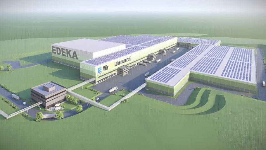 Visualisierung des EDEKA Logistikzentrums Marktredwitz. Große Hallen umgeben die LKW-Anlieferungsfläche an drei Seiten.