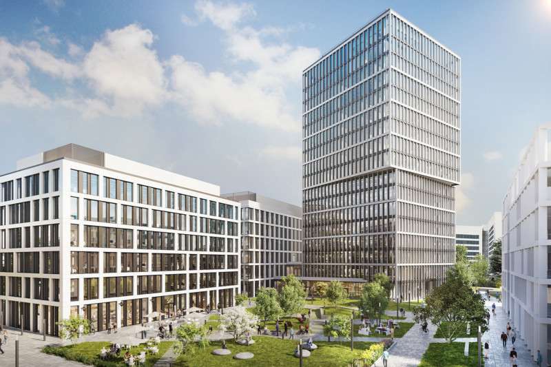 Visualisierung des geplanten Business-Campus Eschborn Gate: Moderne Gebäude mit großen Glas-Fassaden.