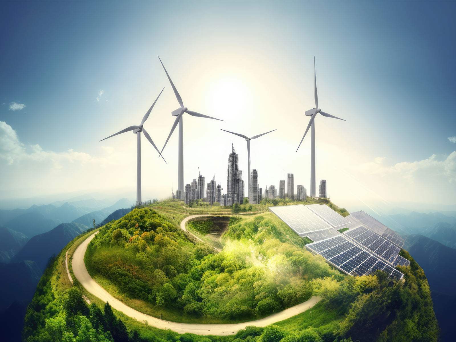 Mit KI generiertes Bild. Blauer Himmel und Berge im Hintergrund. Im Vordergrund ist eine ovale, grün bewachsener Hügel. Darauf sind die Skyline einer Großstadt, Windräder und Solarpanele zu erkennen. Es soll die neuen Förderprogramme des Wirtschaftsministeriums für eine klimafreundlichere Wirtschaft symbolisieren.