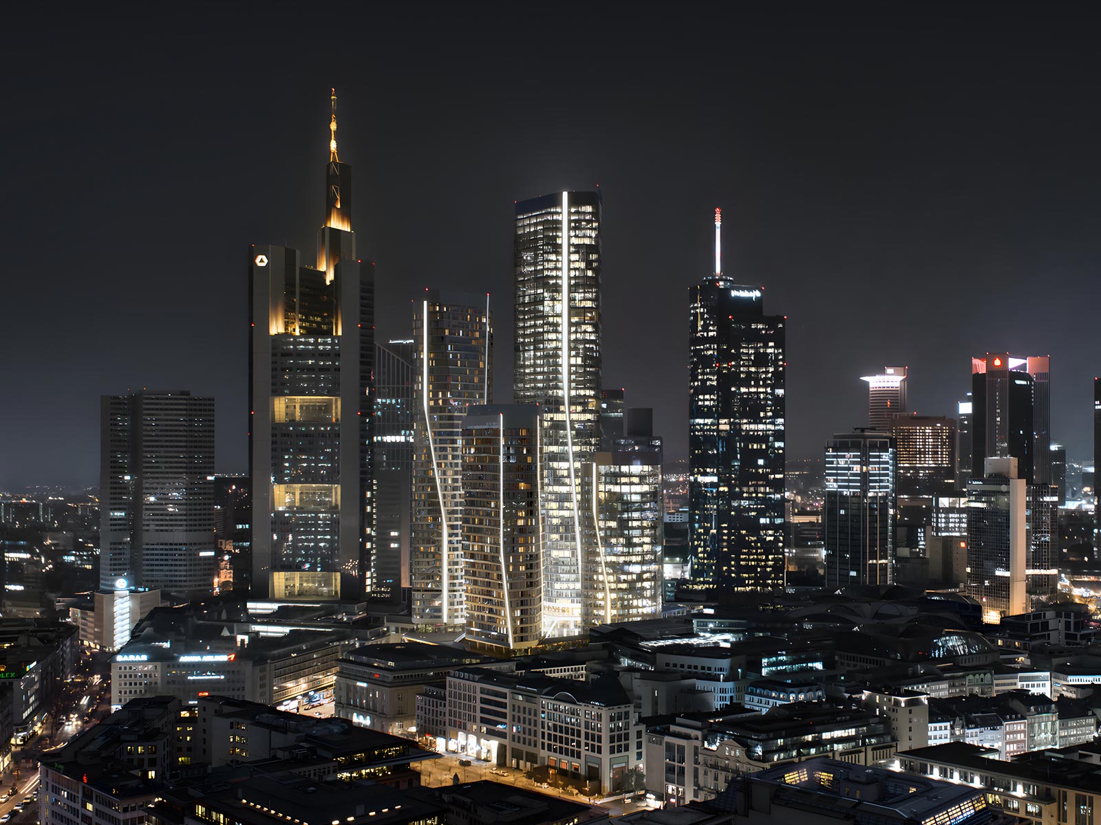 Visualisierung des FOUR Frankfurt: Die vier Gebäude reihen sich in die Frankfurter Skyline ein.