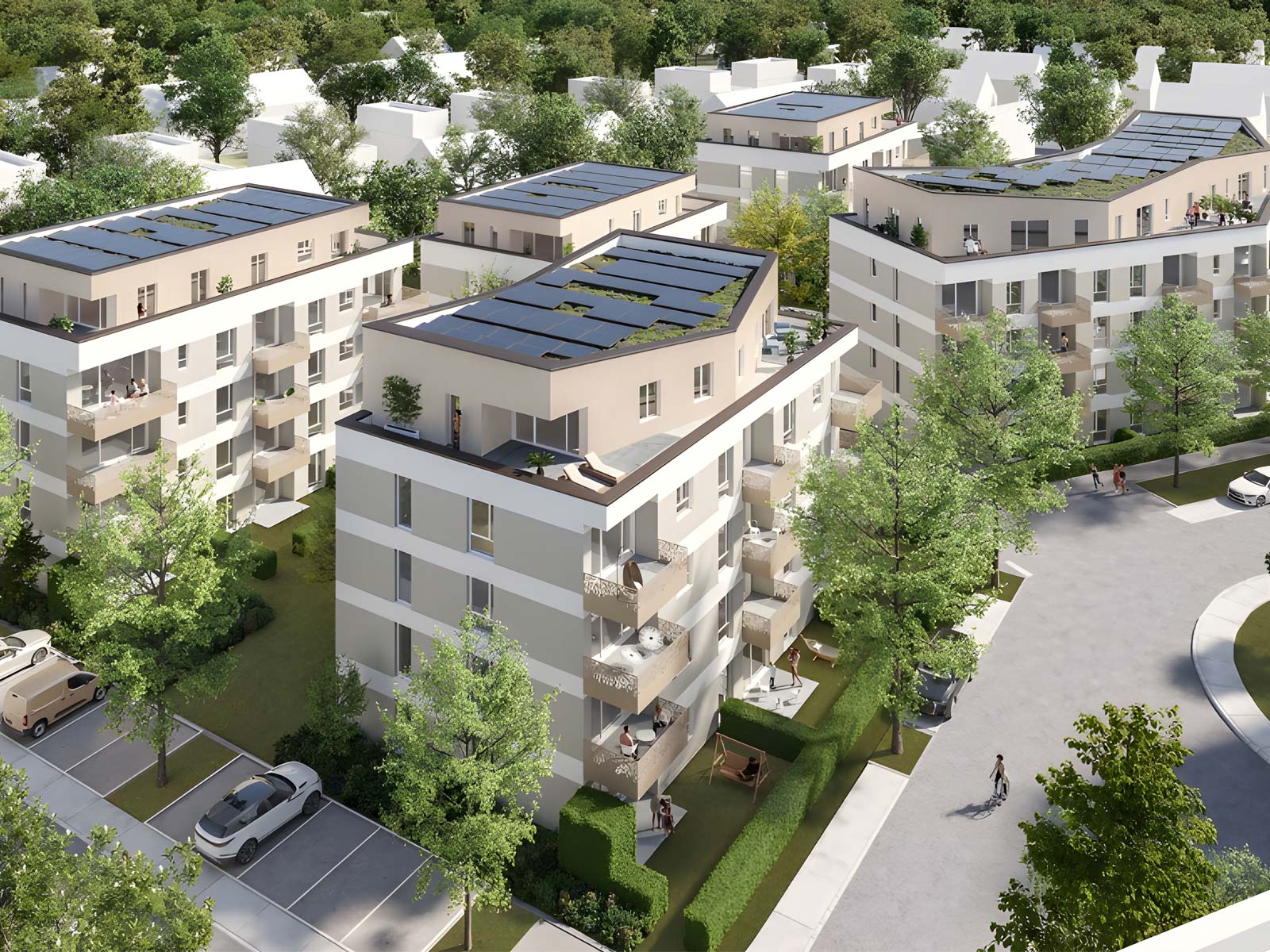 Visualisierung des Bauprojekts green v in Viernheim. 5 mehrstöckige Wohngebäude stehen umgeben von Bäumen.