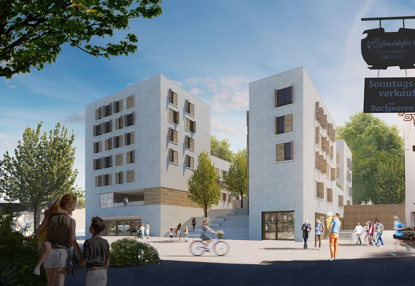 Visualisierung des Neubaus in der Hackstraße in Stuttgart. Zwei der vier hohen, schmalen Gebäude sind abgebildet. Sie haben weiße Putzfassaden und Fensterläden zum zuklappen aus Holz.