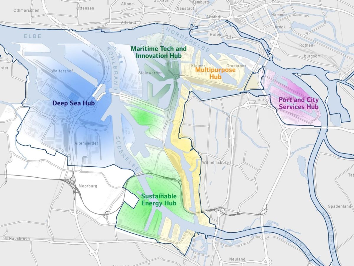 Flächenkarte des Hafenentwicklungsplan 2040 Hamburg. 5 Bereiche sind in unterschiedlichen Farben hinterlegt.