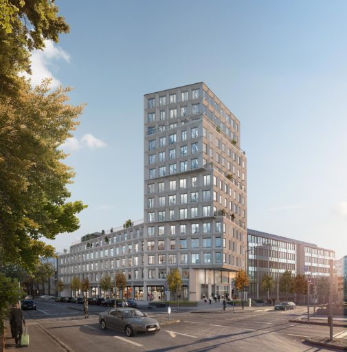 Visualisierung des Bürogebäudes Heimeran in München Westend: Ein Büroturm, bei dem Blöcke aus je 3 Etagen etwas versetzt zu den unteren 3 Etagen gebaut wurden.