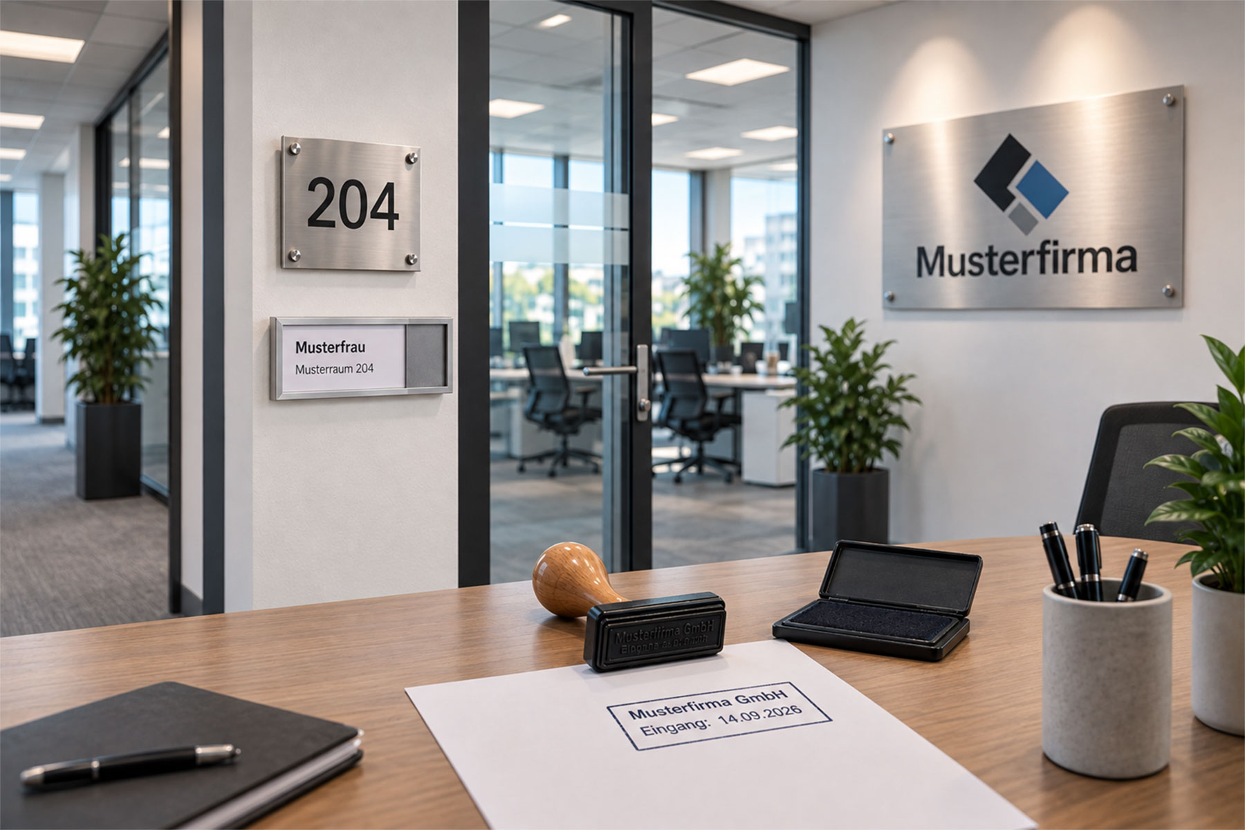 Schilder und Stempel in einem Büro.