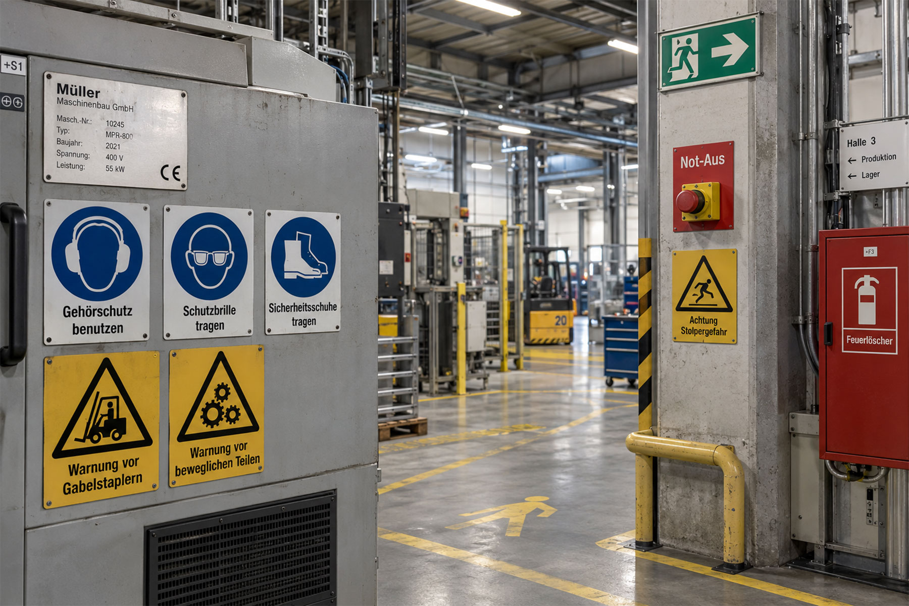 Industrieschilder in einer Profuktionshalle.