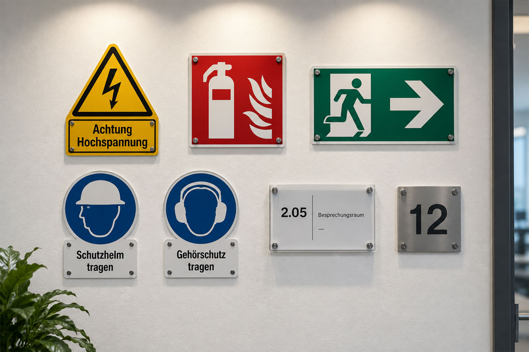 Industrieschilder nach Maß an einer weißen Wand, beleuchtet von oben.