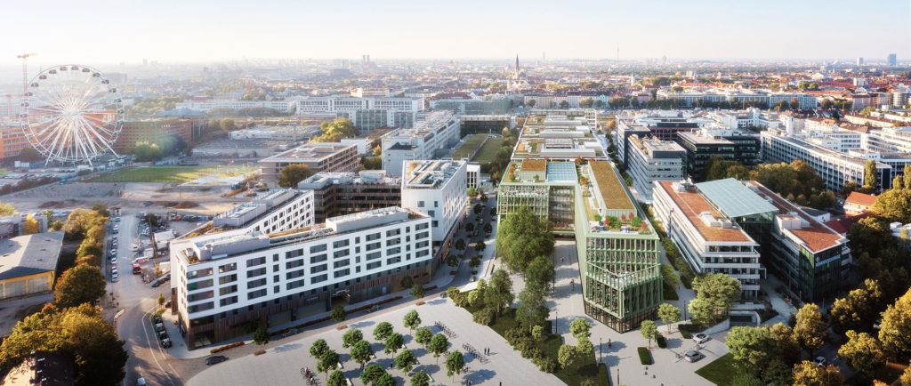 Visualisierung des iCampus im Werksviertel München. Alle Gebäude des geplanten neubaus sind aus der Vogelperspektive zu sehen.
