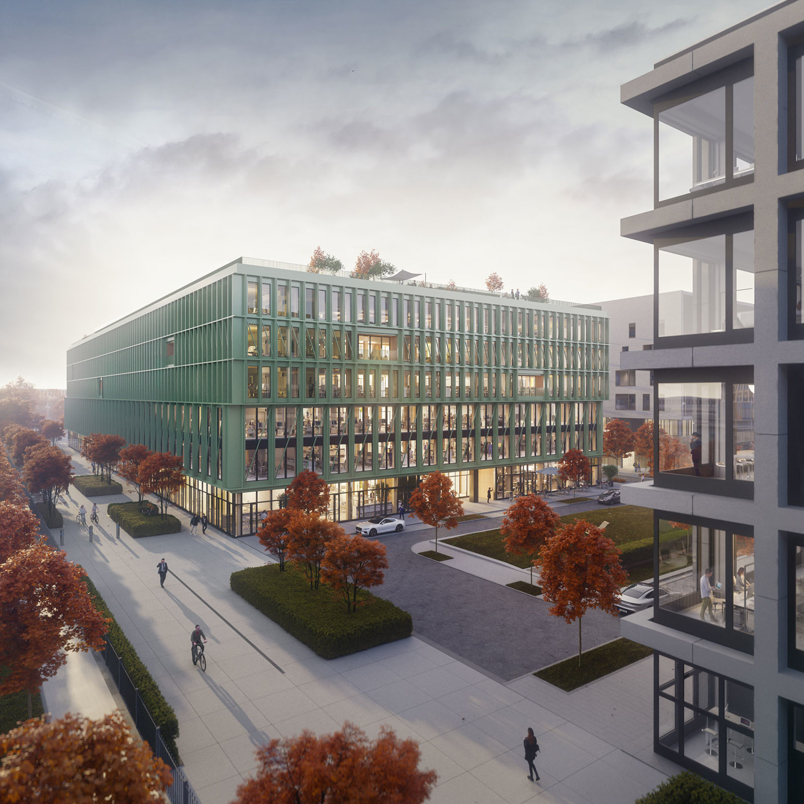 Visualisierung des sechsstöckigen i8 auf dem iCampus im Werksviertel in München. Es hat eine grüne Fassade mit sehr viel Fensterfläche.