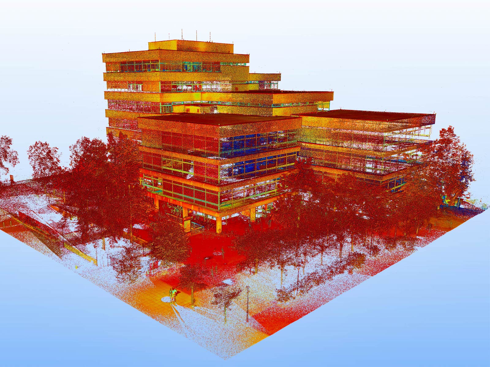 Digitales Vermessungsmodell eines Gebäudes in rot-organge
