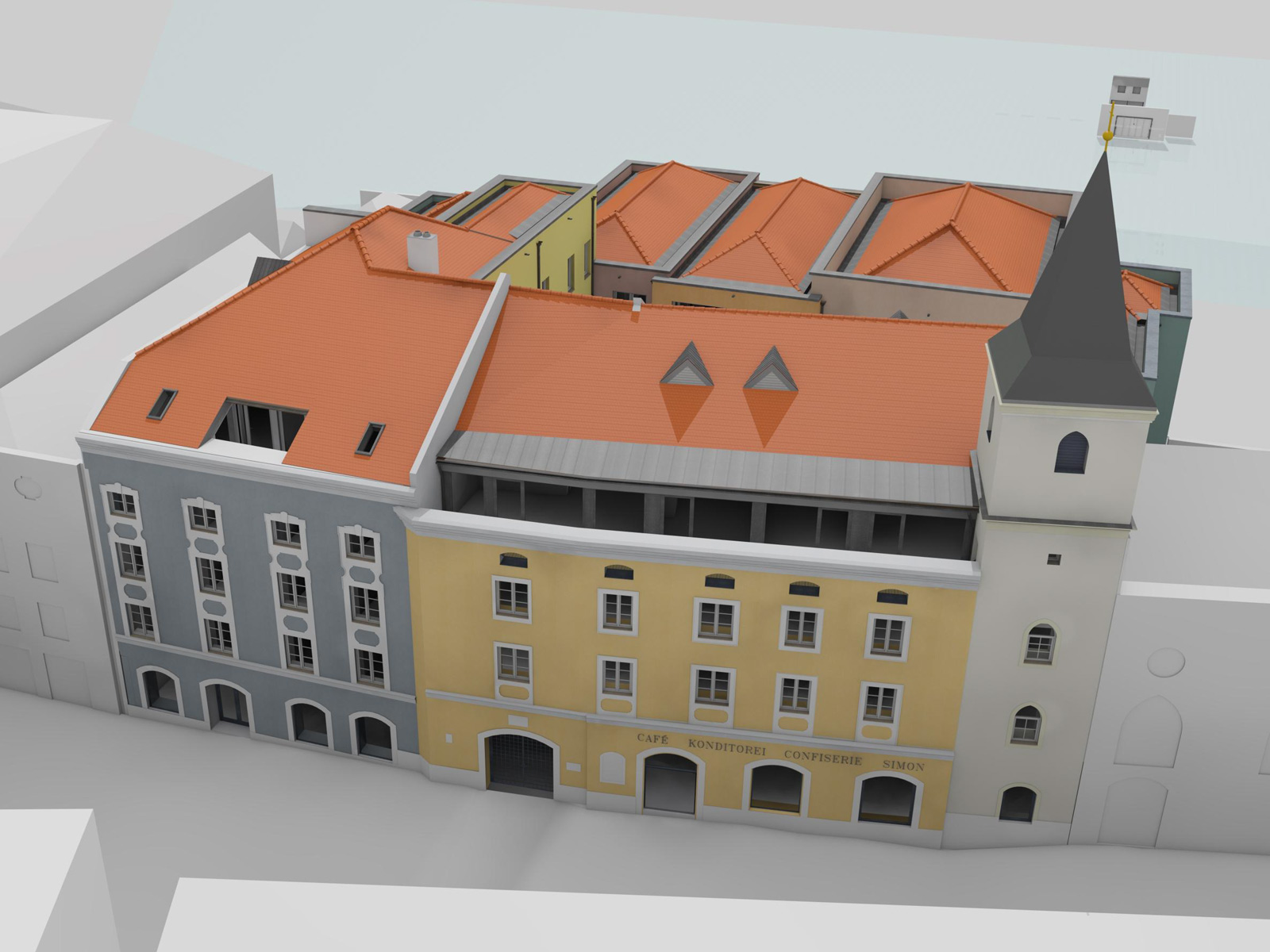 Eine Visualisierung des St.-Johannis-Spitals in Passau: Mehrere aneinander grenzende Gebäude bilden einen Innenhof.