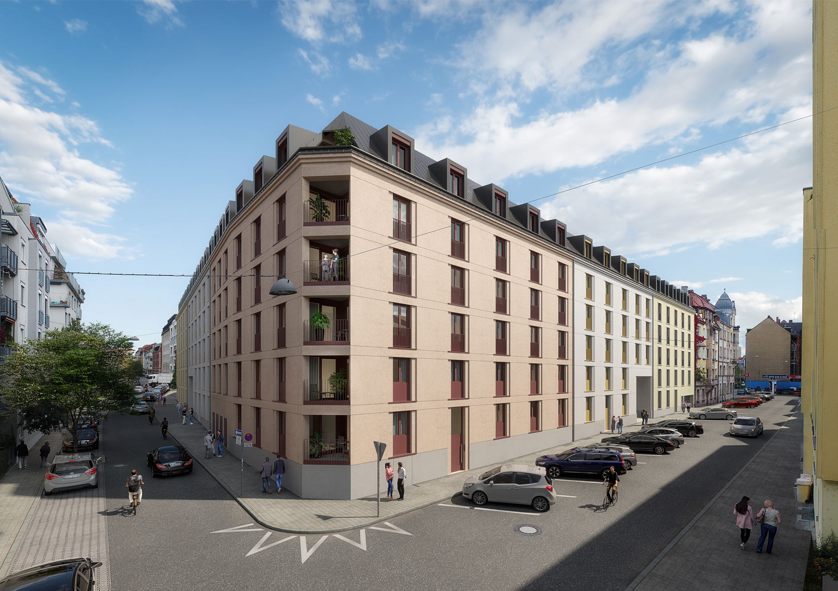 Visualisierung des Neubaus in der Lange Straße 34 Fürth: Ein sechsstöckiges Eckhaus mit dunklem Spitzdach