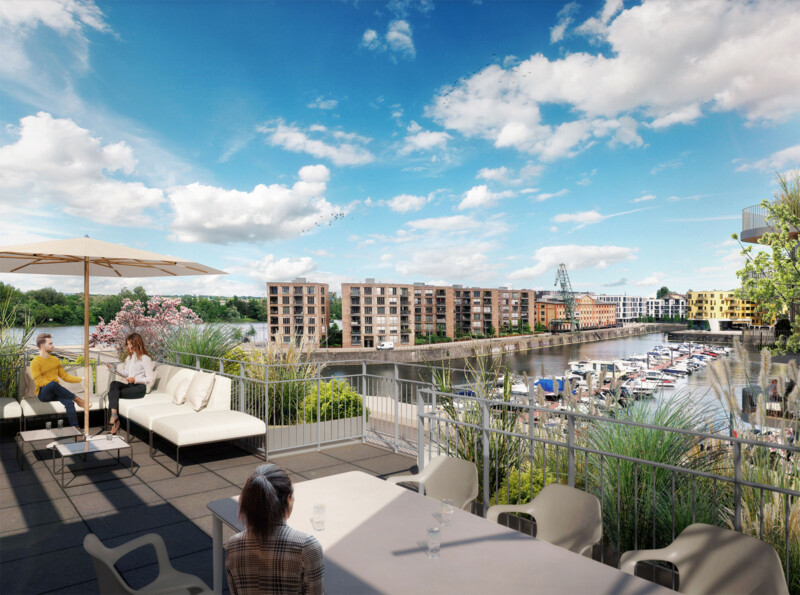 Dachterrasse mit Loungemöbeln und Panoramablick auf den Mainzer Zollhafen
