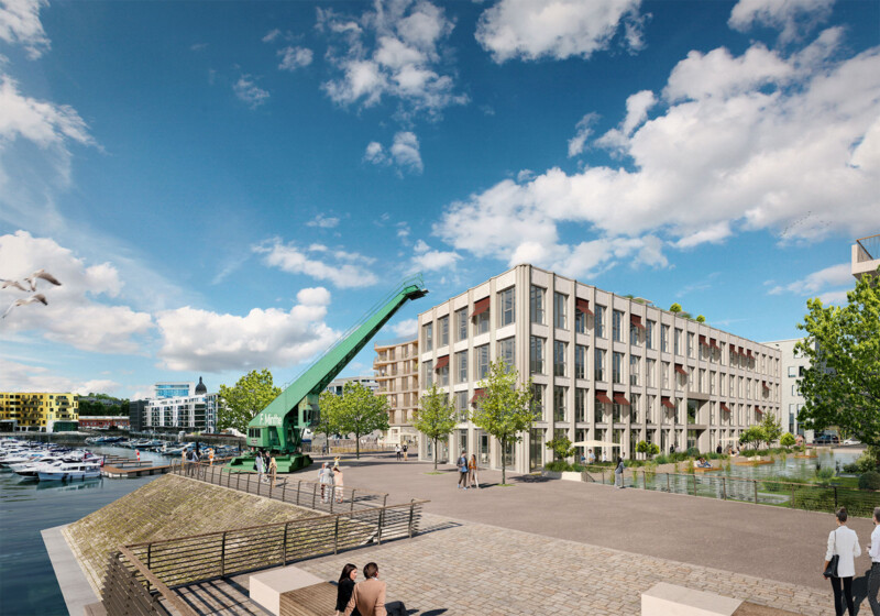 Marina B in Mainz – Bürogebäude mit Klinkerfassade und historischem Hafenkran im Vordergrund