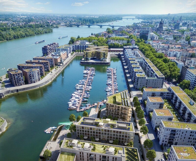 Luftaufnahme des Mainzer Zollhafens mit Yachthafen, Rhein und umliegender Neubebauung
