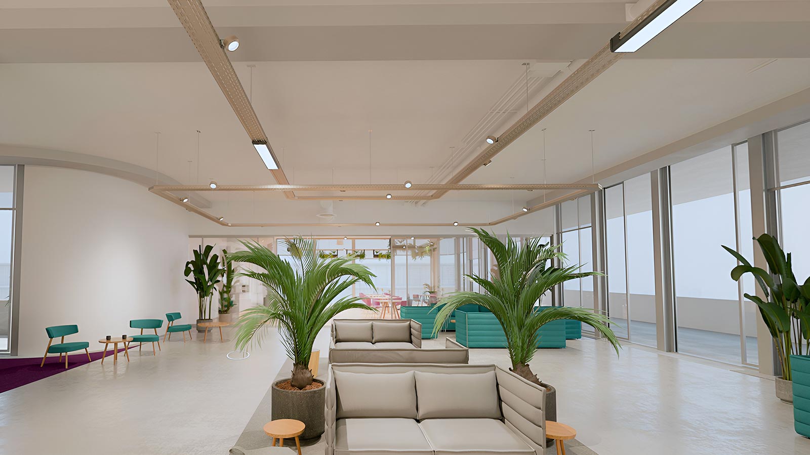 Inneneinrichtung einer Lounge mit Sitzmöglichkeiten, Pflanzen und Rundum-Terrasse