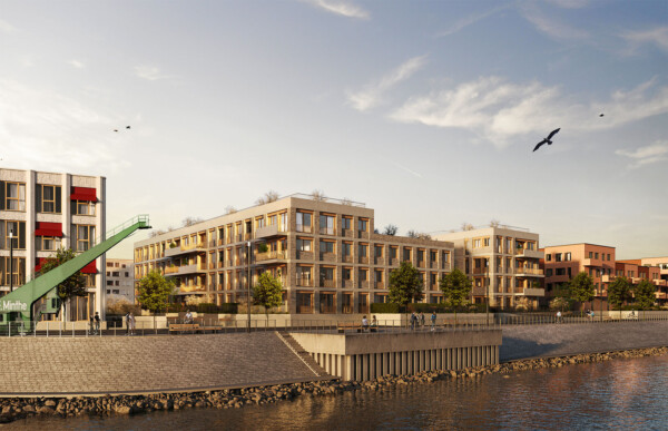 Rivage in Mainz – Wohngebäude mit Klinkerfassade direkt am Wasser, Uferpromenade im Vordergrund