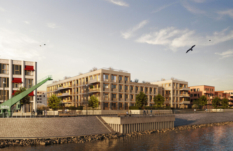 Rivage in Mainz – Wohngebäude mit Klinkerfassade direkt am Wasser, Uferpromenade im Vordergrund