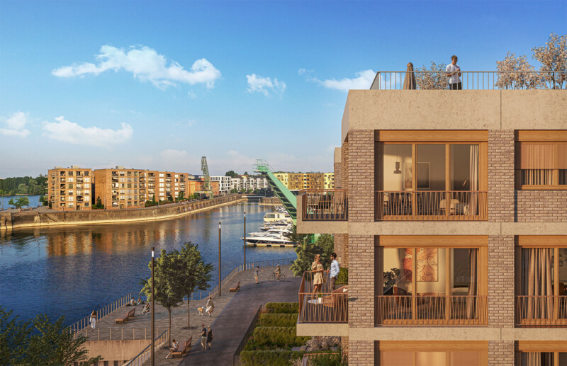 Rivage in Mainz – Balkone mit Blick auf den Hafen, Klinkerfassade und Holzfensterrahmen im Detail
