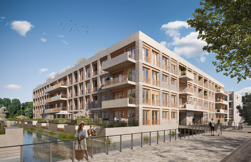 Rivage in Mainz – Wohnhaus mit Klinker- und Betonfassade am Kanal, Terrassen mit Sonnenschutz