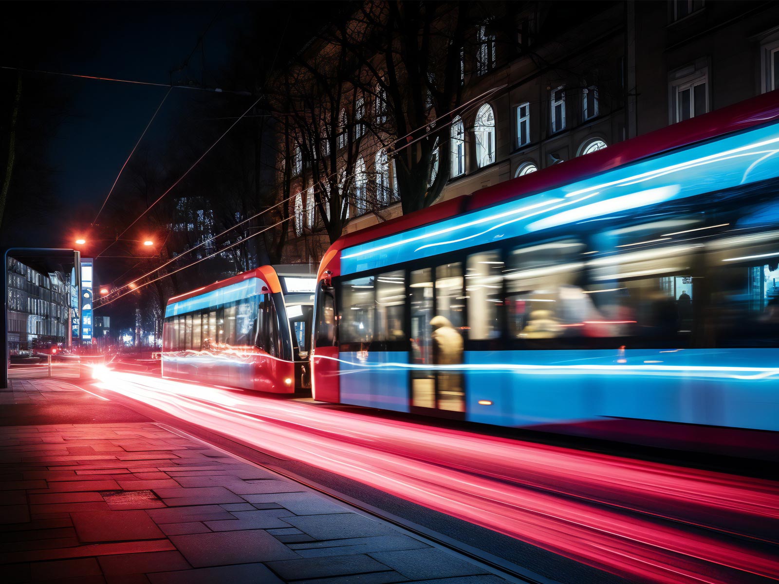 Eine S-Bahn fährt bei Nacht durch München. Die Lichter sind verschwommen.