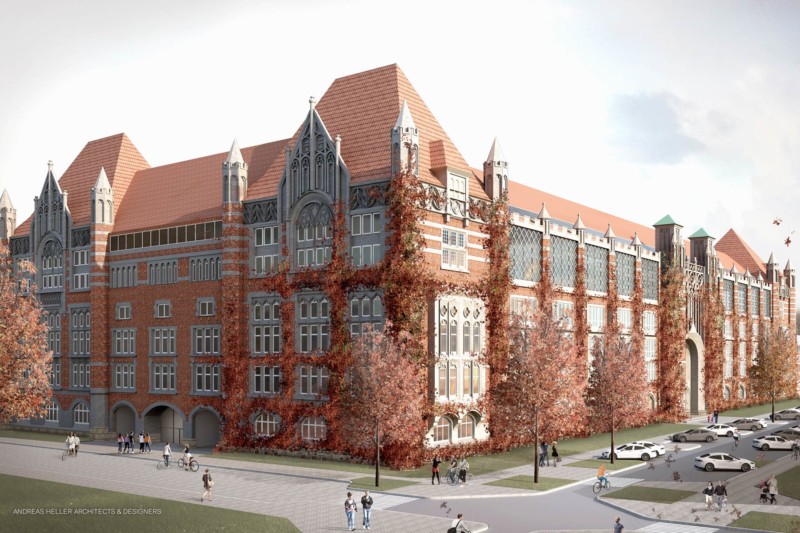Visualisierung des alten Fernmeldeamts nach dem Umbau zum Campus Schlüterstraße in Hamburg.