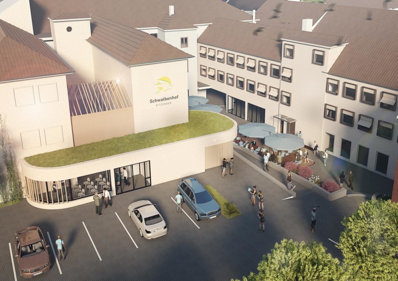 Visualisierung des Schwalbenhofs in Kitzingen. Er besteht aus 2 nebeneinander liegenden Gebäuden, davor ist ein Parkplatz.