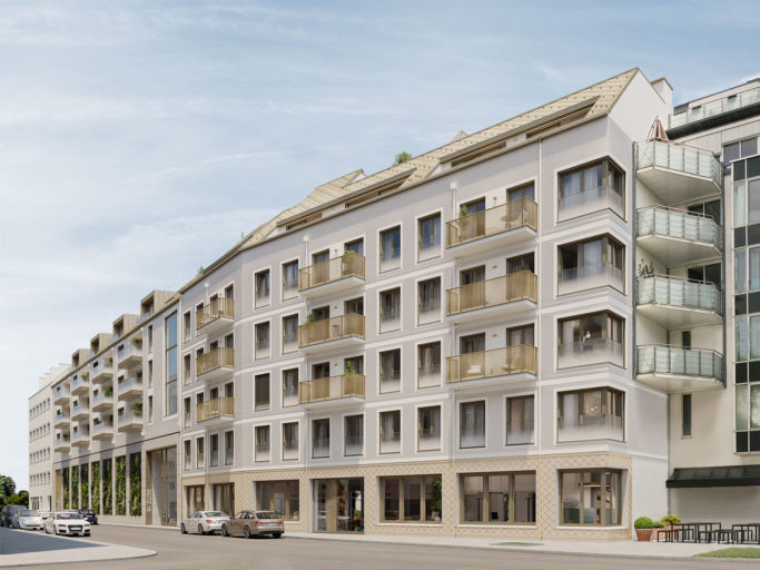Auf der Visualisierung der Geschäftsimmobilie in der Seitzstraße 16 in München ist die Umnutzung des Gebäudes sichtbar: Viele Balkone machen die Nutzung als Wohngebäude deutlich.