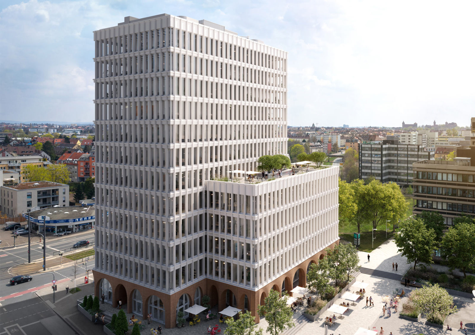 Visualisierung vom Neubau The One in Nürnberg. Das Bürogebäude besteht aus zwei mehrstöckigen Stufen.