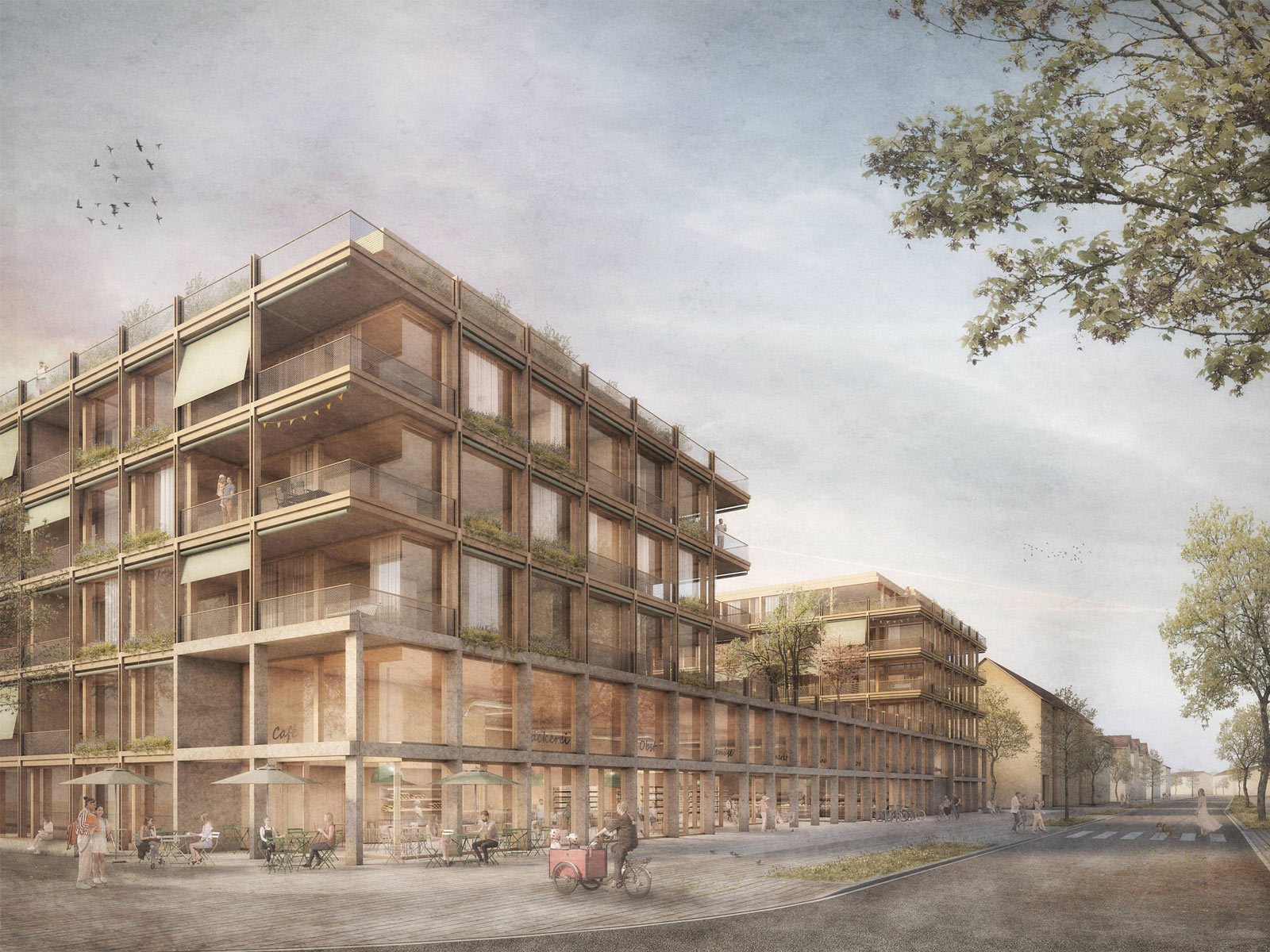 Visualisierung des Holz-Hybrid Bauvorhabens Timber Living in München.