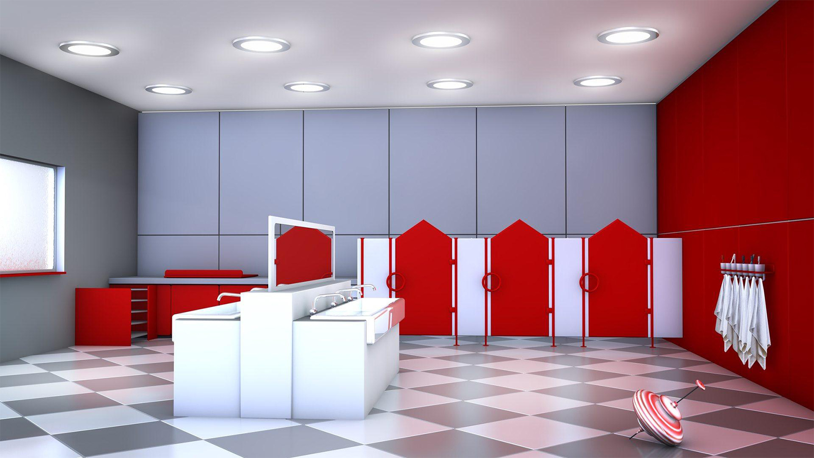 Trennwände zwischen einzelnen Toilettenkabinen. Weiß-grau karierter Fliesenboden, rote und graue Wände, rot-weiße Kabinen, weiße Waschbecken