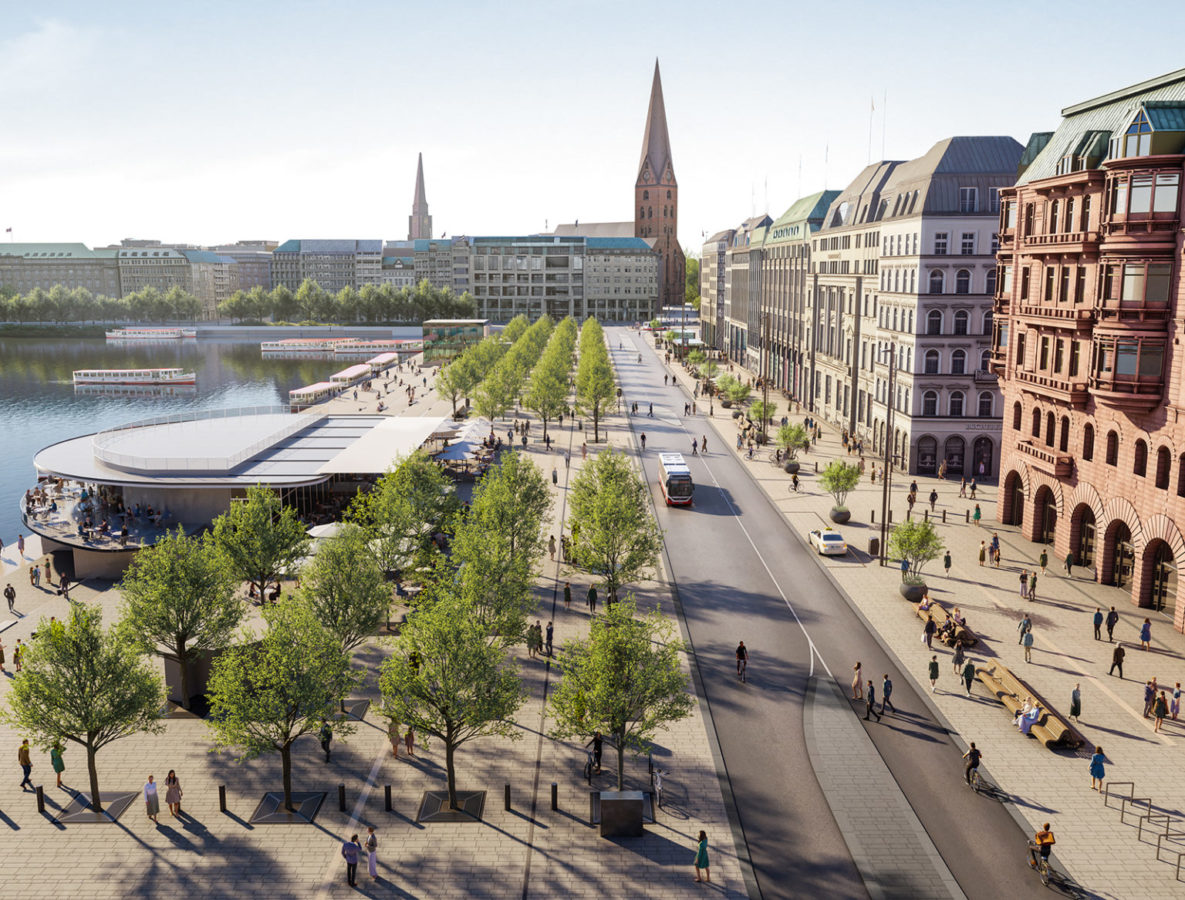 Umbau Jungfernstieg Hamburg - Visualisierung der Planungen: Vier Baumreihen bieten viel Schatten und begrünen den Platz.