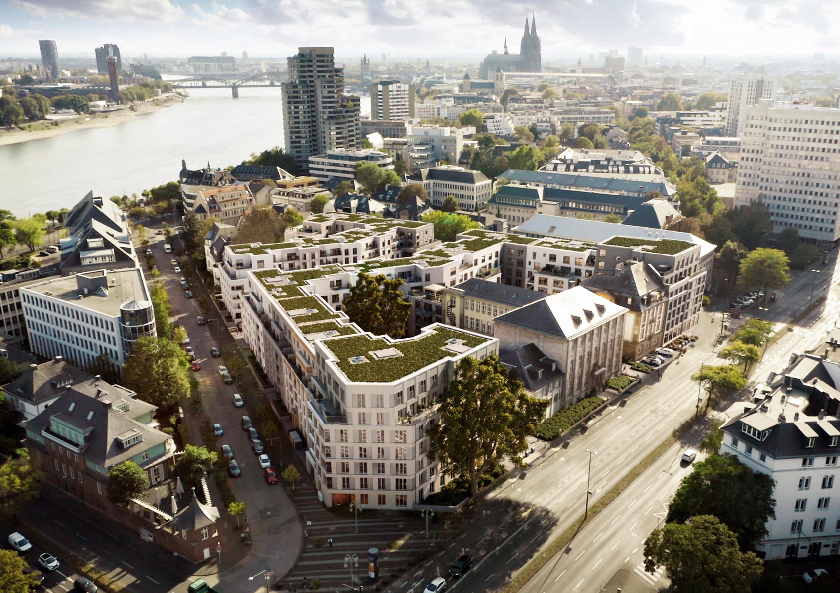 Visualisierung des Neubau des Quartiers Viva Agrippina (Aurum Köln). Das Bauvorhaben ist in die Stadt eingebettet.