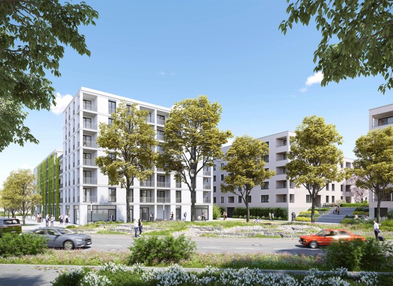 Straßenansicht mehrgeschossiger Wohngebäude mit begrünter Fassade und Vorgärten