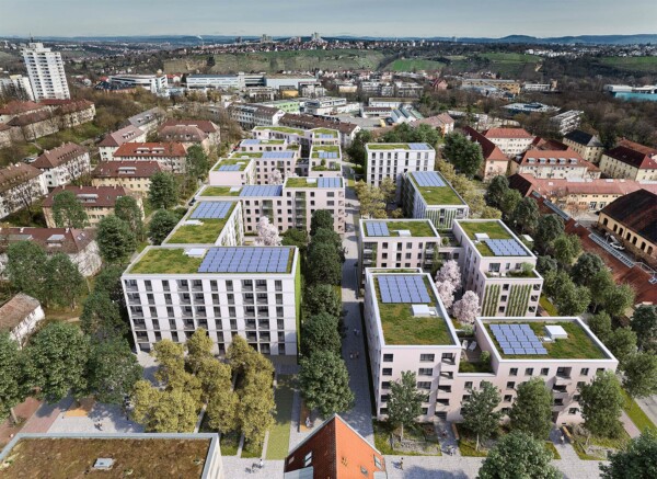 Wohnhöfe am Römerkastell: Luftansicht des Quartiers mit begrünten Dächern und Photovoltaikanlagen