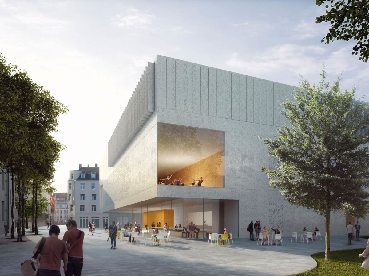 Die Visualisierung zeigt den Neubau der Hochschule für Musik und Tanz in Köln, für die Züblin kürzlich die Grundsteinlegung gefeiert hat.